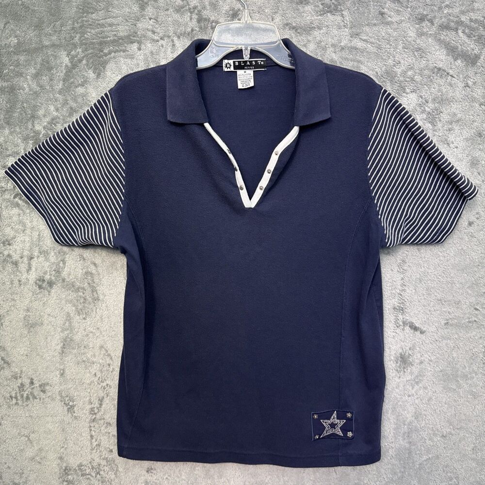 Blast Petites Top Med vneck Navy collared Vintage 28in Length short sleeve